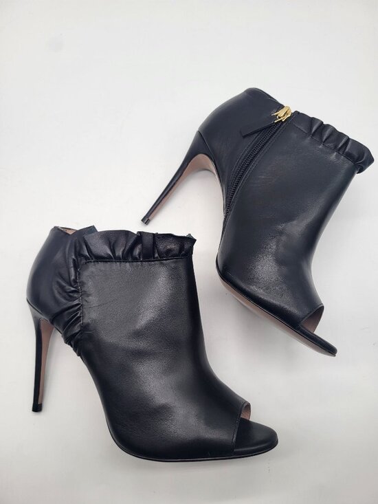 James Chan Shoes - James Chan Women's 7.5 Siggy Peep Toe Pump Stiletto Heel Bootie Black Leather
